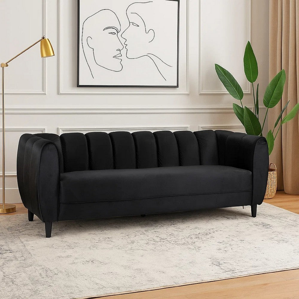 Orla Sofa, 83 Inch, Retro Channel Tufted Stitch Design, Black Velvet
