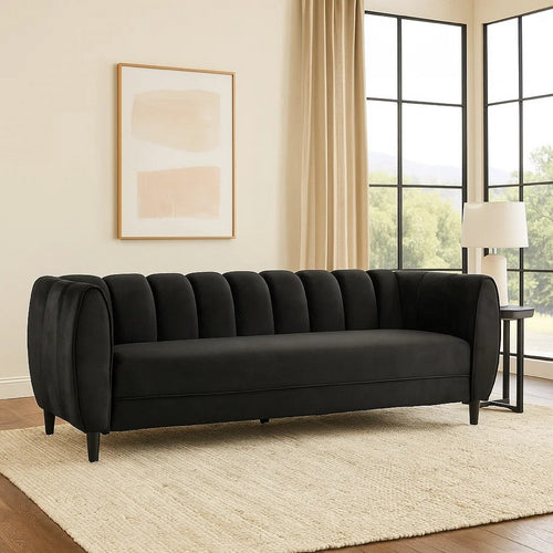 Orla Sofa, 83 Inch, Retro Channel Tufted Stitch Design, Black Velvet