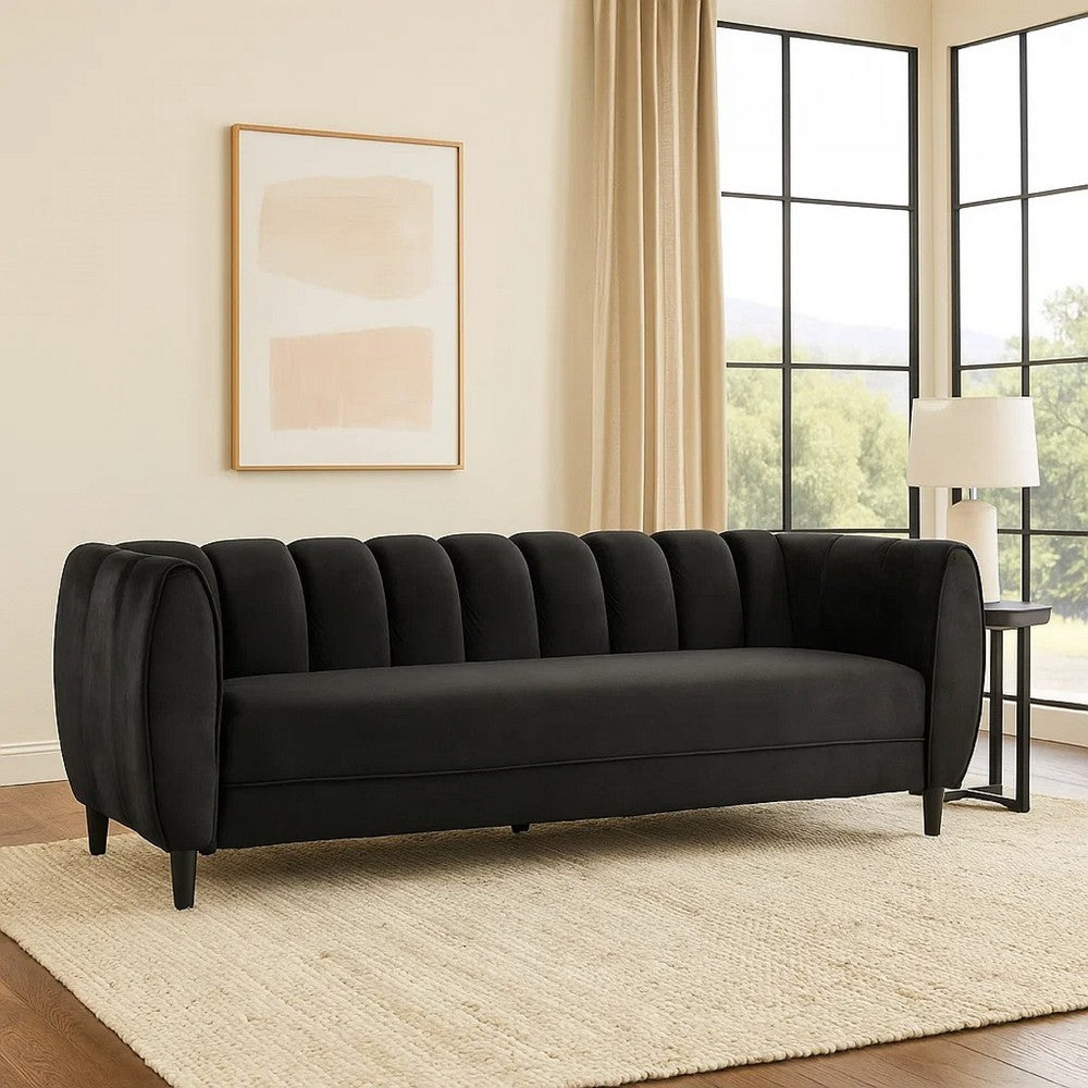Orla Sofa, 83 Inch, Retro Channel Tufted Stitch Design, Black Velvet