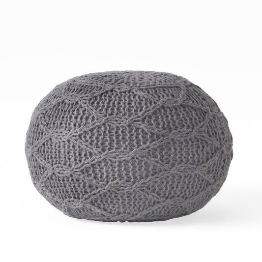 Ottoman Pouf, 20 Inch Round Shape, Knitted Boho Design, Gray Wool