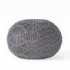 Ottoman Pouf, 20 Inch Round Shape, Knitted Boho Design, Gray Wool