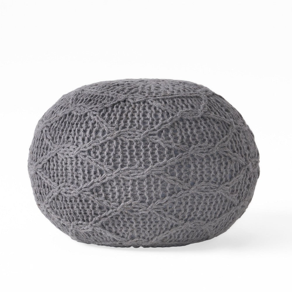 Ottoman Pouf, 20 Inch Round Shape, Knitted Boho Design, Gray Wool