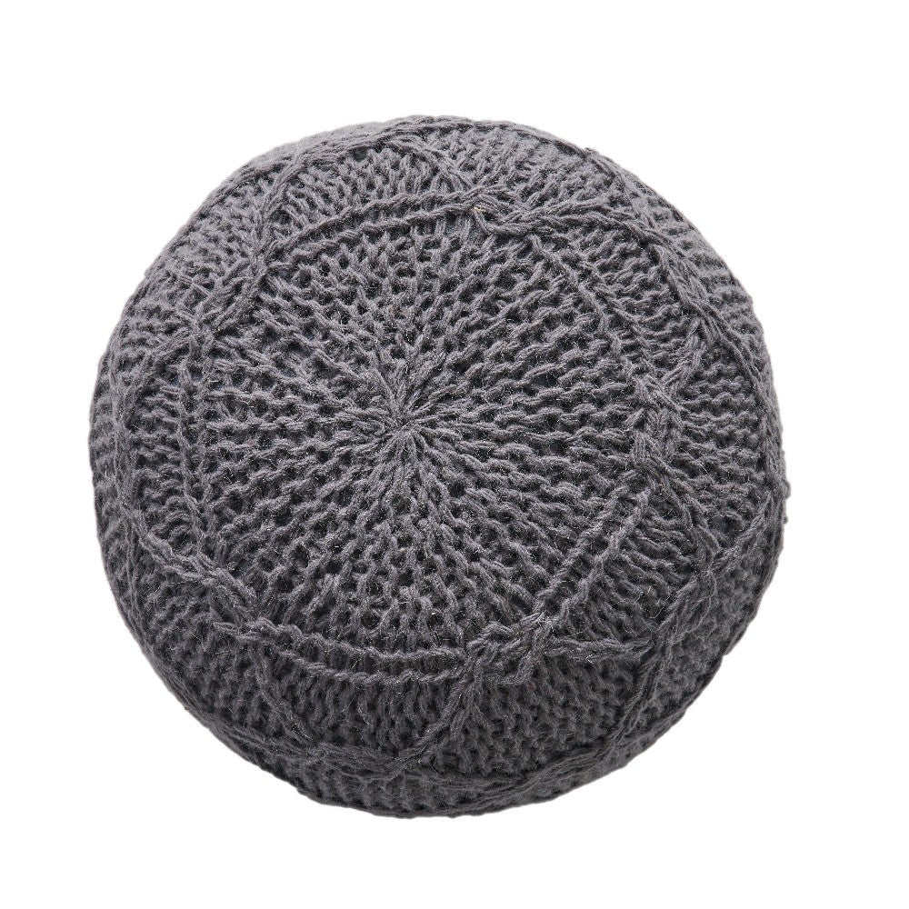Ottoman Pouf 20 Inch Round Shape Knitted Boho Design Gray Wool BM327740