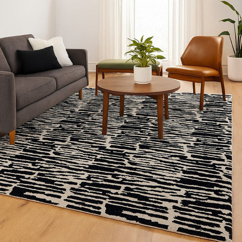 Ashley Shaw 10 x 14 Extra Large Area Rug | Black and Ivory Abstract Design