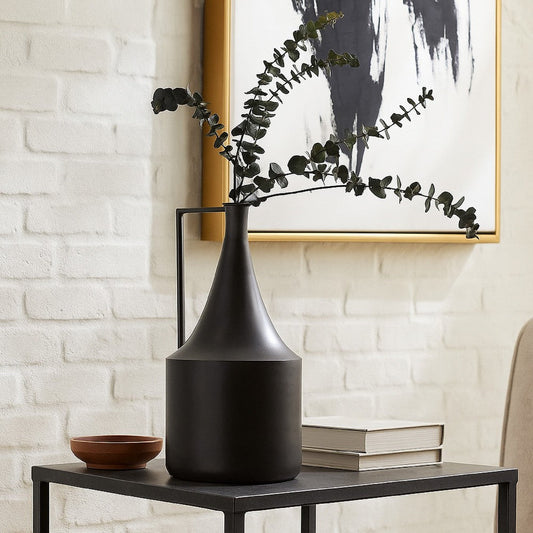 Ashley Decorative Vase | Metal Angular Handle and Curved Neck | 17" Black