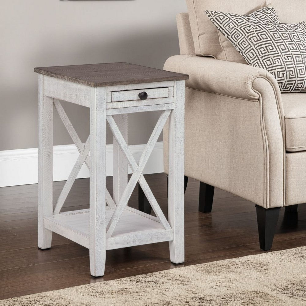 Ashley Accent Table | 1 Drawer and Shelf | USB Ports | 25" White Solid Wood