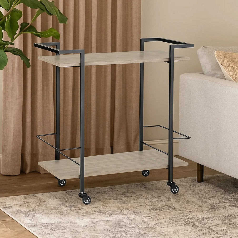 Ashley Serving Bar Cart | 32" Black Metal 2 Shelf | Bottle Holders