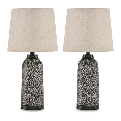 Ashley Table Lamp Set of 2 | Beige Drum Shade | Black Hammered Motif Metal