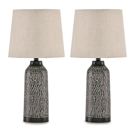 Ashley Table Lamp Set of 2 | Beige Drum Shade | Black Hammered Motif Metal