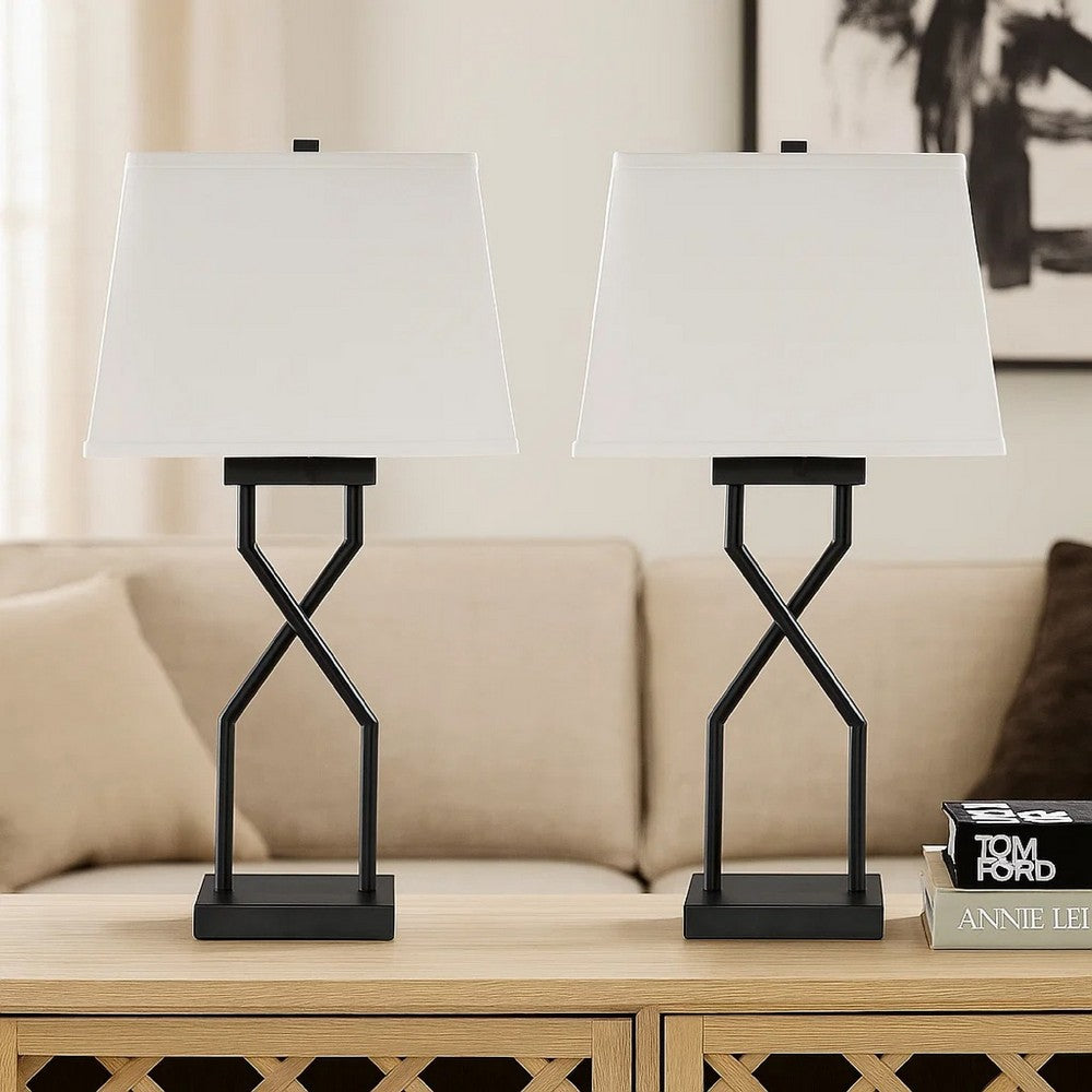 Ashley Table Lamp Set of 2 | Empire Fabric Shade | Black Geometric Base w USB