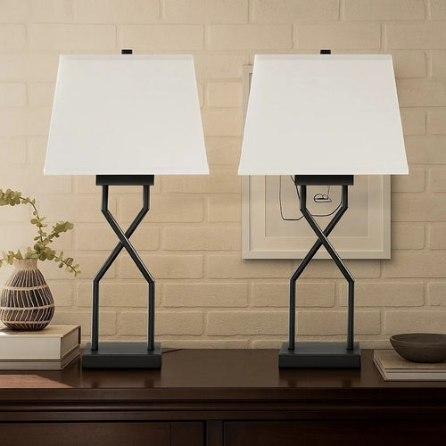 Ashley Table Lamp Set of 2 | Empire Fabric Shade | Black Geometric Base w USB