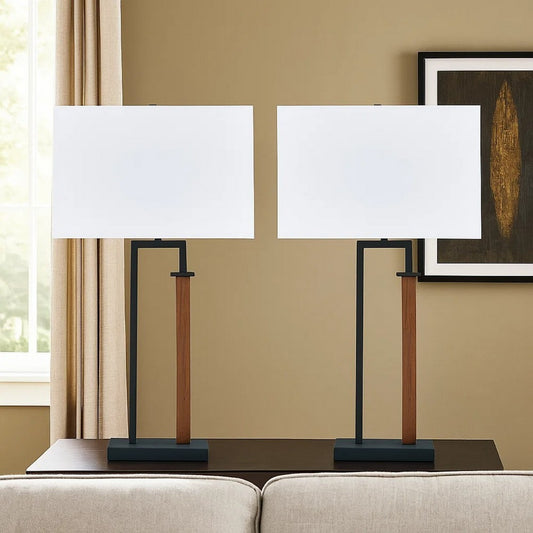 Ashley Table Lamp Set of 2 | Curved Wired Bronze Base | Beige Fabric Shade