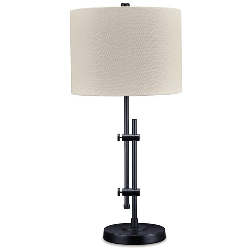 Ashley Mney Table Lamp | Adjustable Arm | White Drum Shade | 28" Black Metal