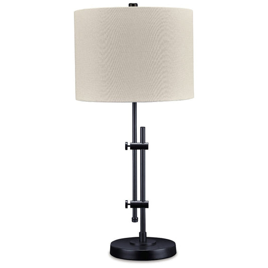Ashley Mney Table Lamp | Adjustable Arm | White Drum Shade | 28" Black Metal
