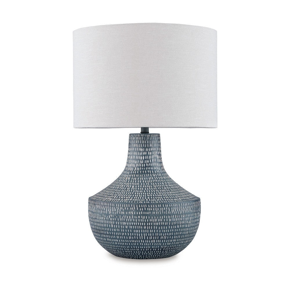 Ashley Lym Table Lamp | Gray Hammered Metal Base | White Fabric Shade 28"