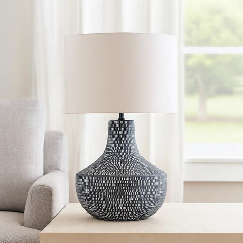 Ashley Lym Table Lamp | Gray Hammered Metal Base | White Fabric Shade 28"