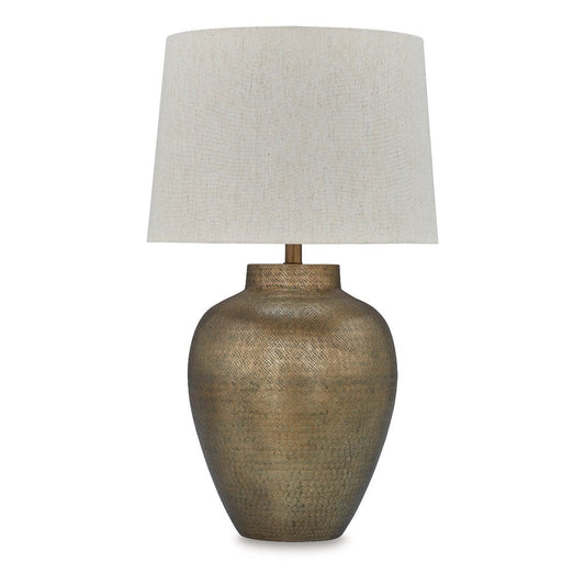 Ashley Table Lamp | Metal Hammered Pot Base | White Fabric Drum Shade 29"