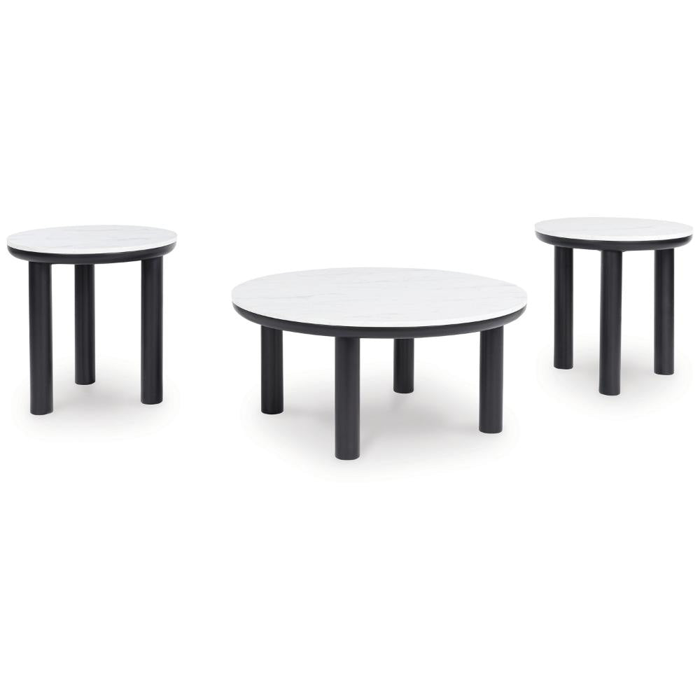 Ashley Dae 3pc Coffee and End Table Set | Round White Faux Marble | Black
