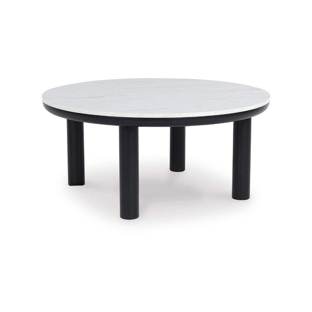 Ashley Dae 3pc Coffee and End Table Set | Round White Faux Marble | Black BM327824