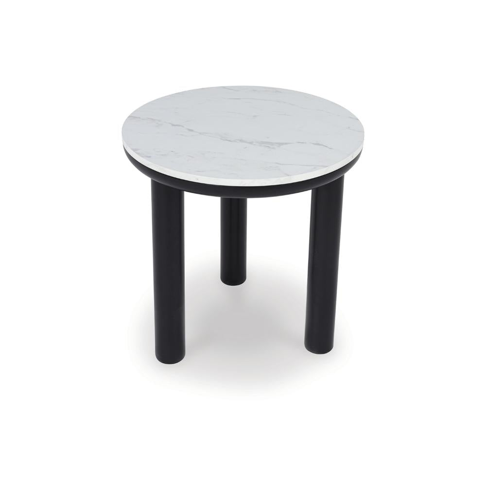 Ashley Dae 3pc Coffee and End Table Set | Round White Faux Marble | Black BM327824