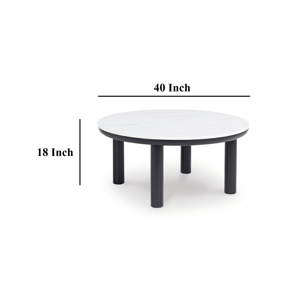 Ashley Dae 3pc Coffee and End Table Set | Round White Faux Marble | Black BM327824