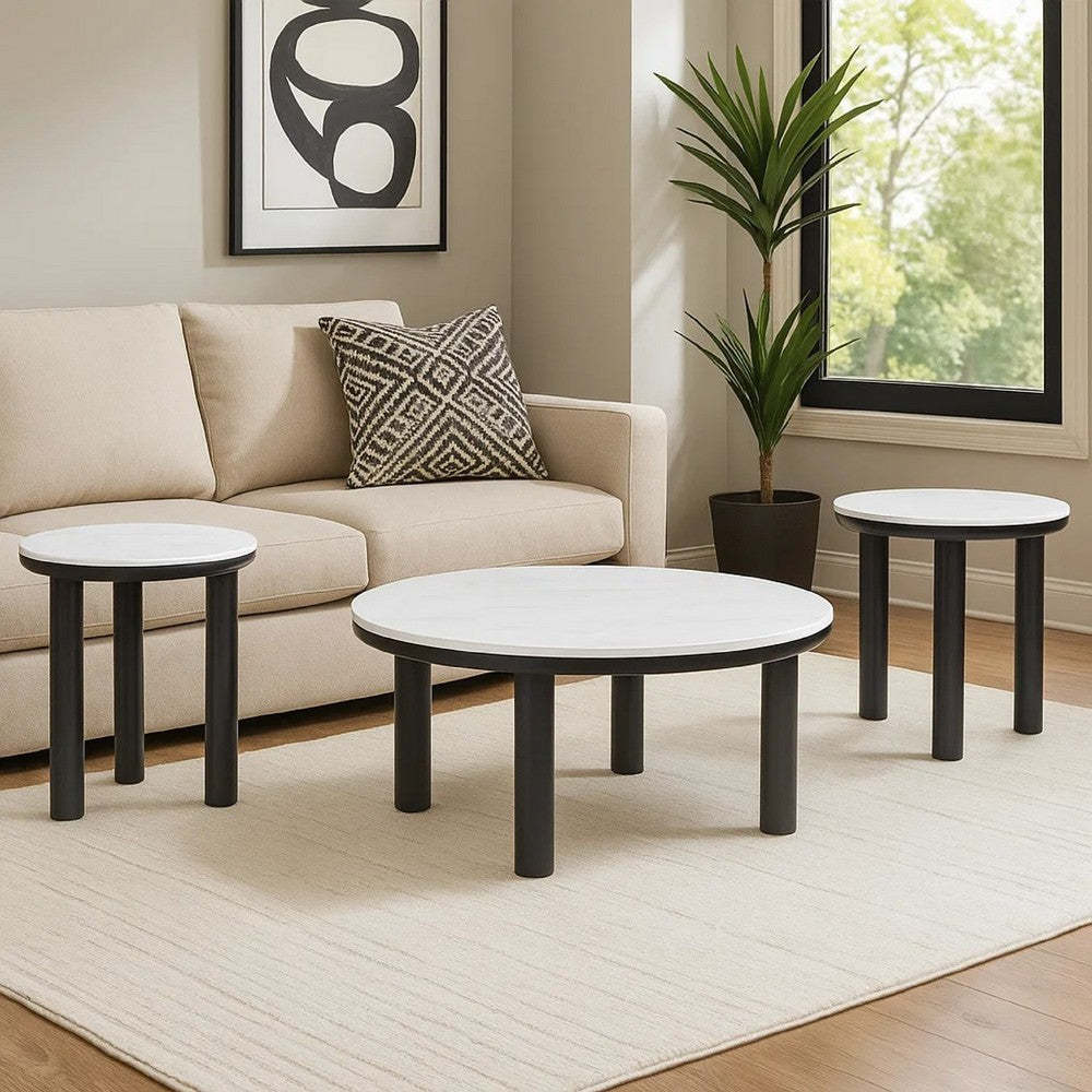 Ashley Dae 3pc Coffee and End Table Set | Round White Faux Marble | Black