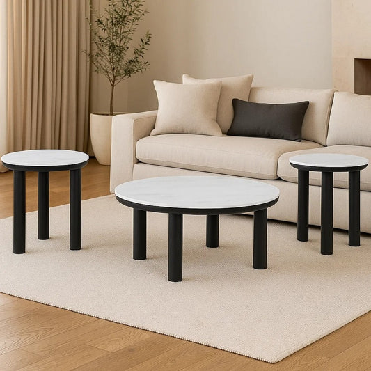 Ashley Dae 3pc Coffee and End Table Set | Round White Faux Marble | Black