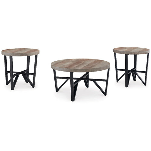 Ashley Hya 3pc Coffee and End Table Set | Brown Wood Round | Black Angular