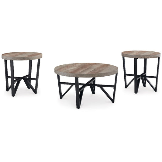 Ashley Hya 3pc Coffee and End Table Set | Brown Wood Round | Black Angular