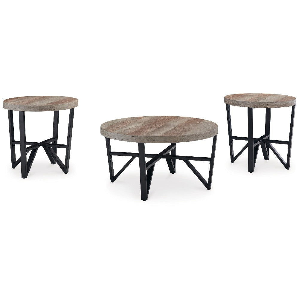 Ashley Hya 3pc Coffee and End Table Set | Brown Wood Round | Black Angular
