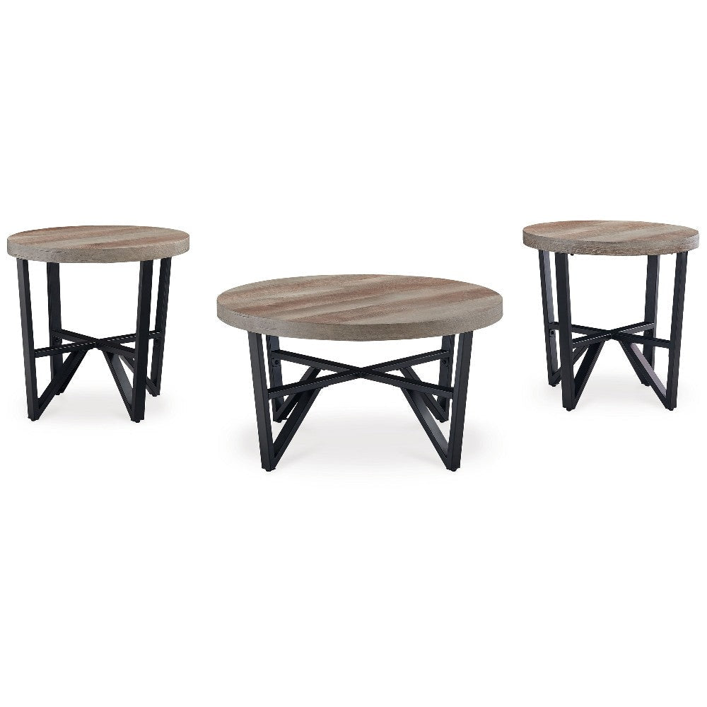 Ashley Hya 3pc Coffee and End Table Set | Brown Wood Round | Black Angular BM327826