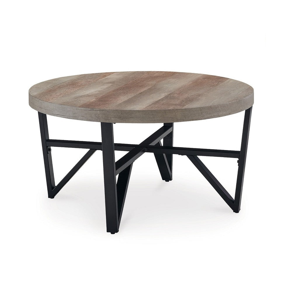 Ashley Hya 3pc Coffee and End Table Set | Brown Wood Round | Black Angular BM327826