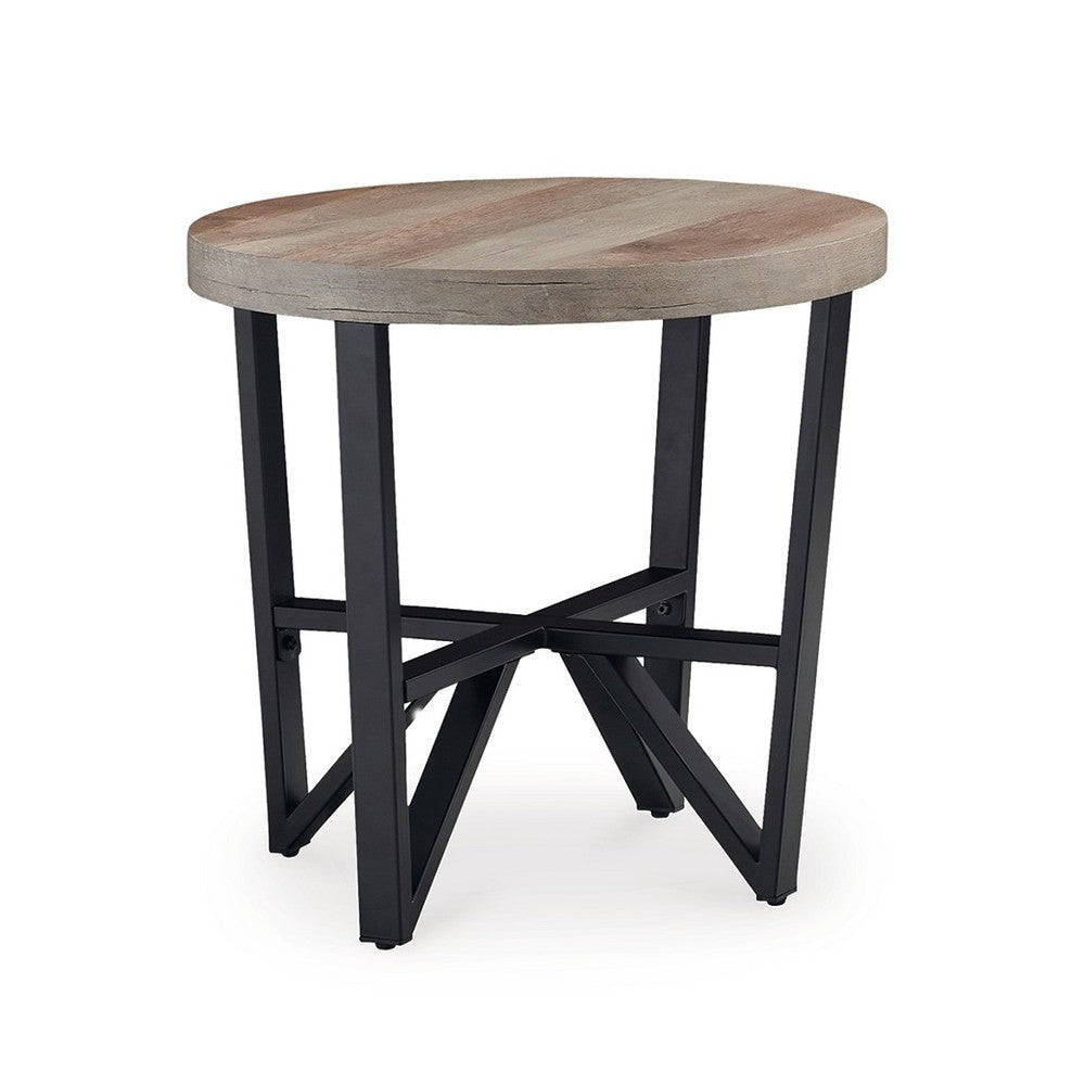 Ashley Hya 3pc Coffee and End Table Set | Brown Wood Round | Black Angular BM327826