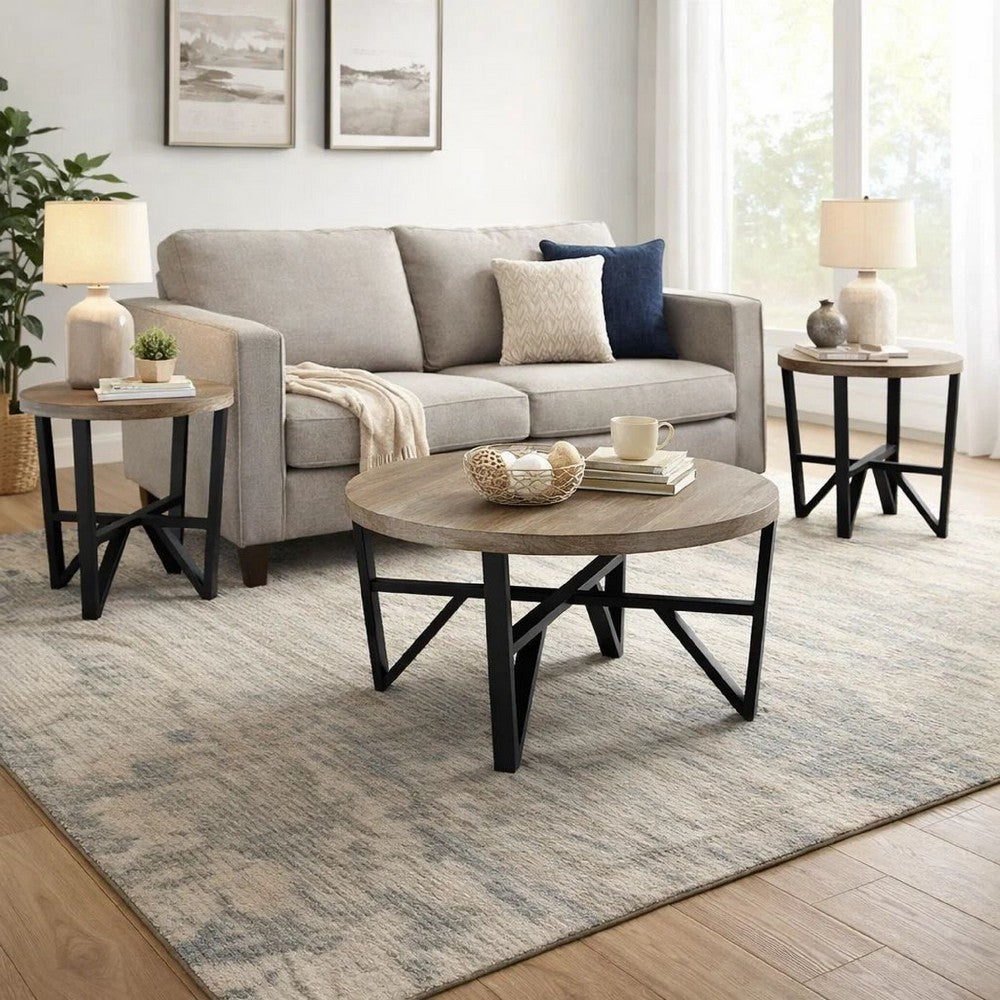 Ashley Hya 3pc Coffee and End Table Set | Brown Wood Round | Black Angular
