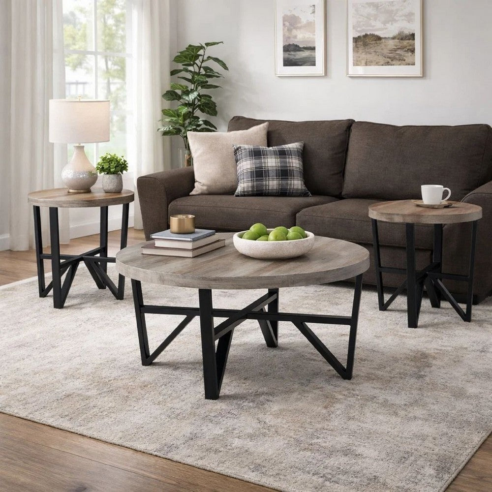 Ashley Hya 3pc Coffee and End Table Set | Brown Wood Round | Black Angular