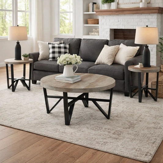 Ashley Hya 3pc Coffee and End Table Set | Brown Wood Round | Black Angular