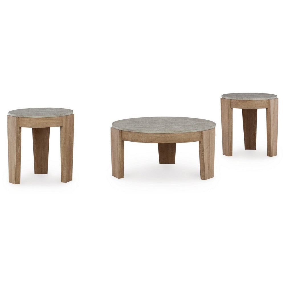 Ashley Hena 3pc Coffee and End Table Set | Round Gray Faux Cement | Brown BM327827