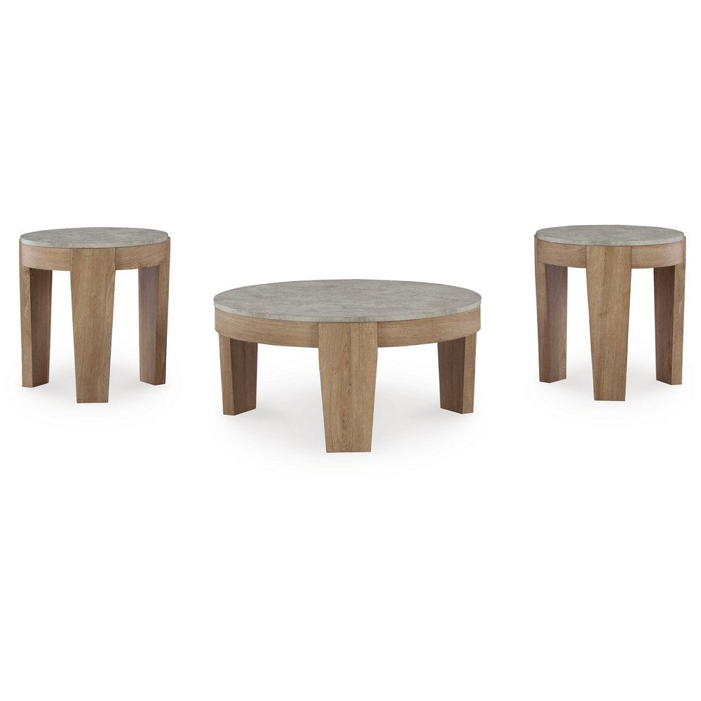 Ashley Hena 3pc Coffee and End Table Set | Round Gray Faux Cement | Brown BM327827