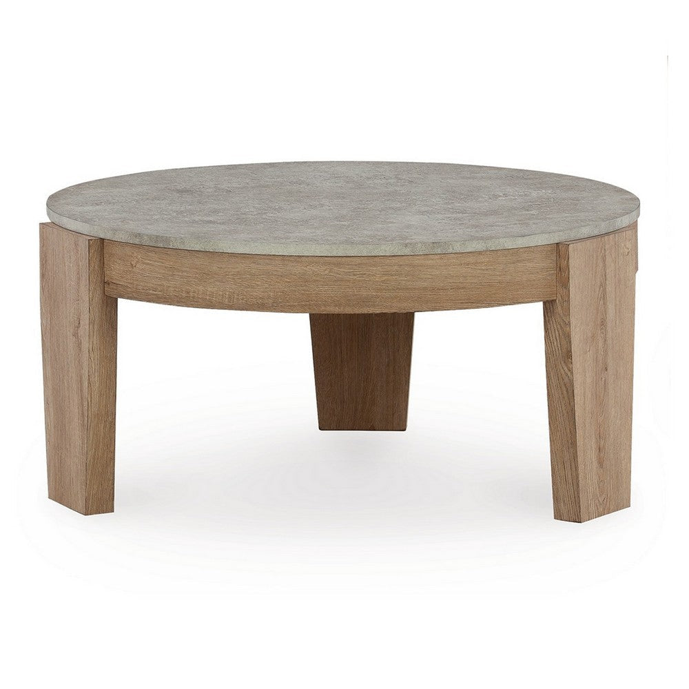 Ashley Hena 3pc Coffee and End Table Set | Round Gray Faux Cement | Brown BM327827