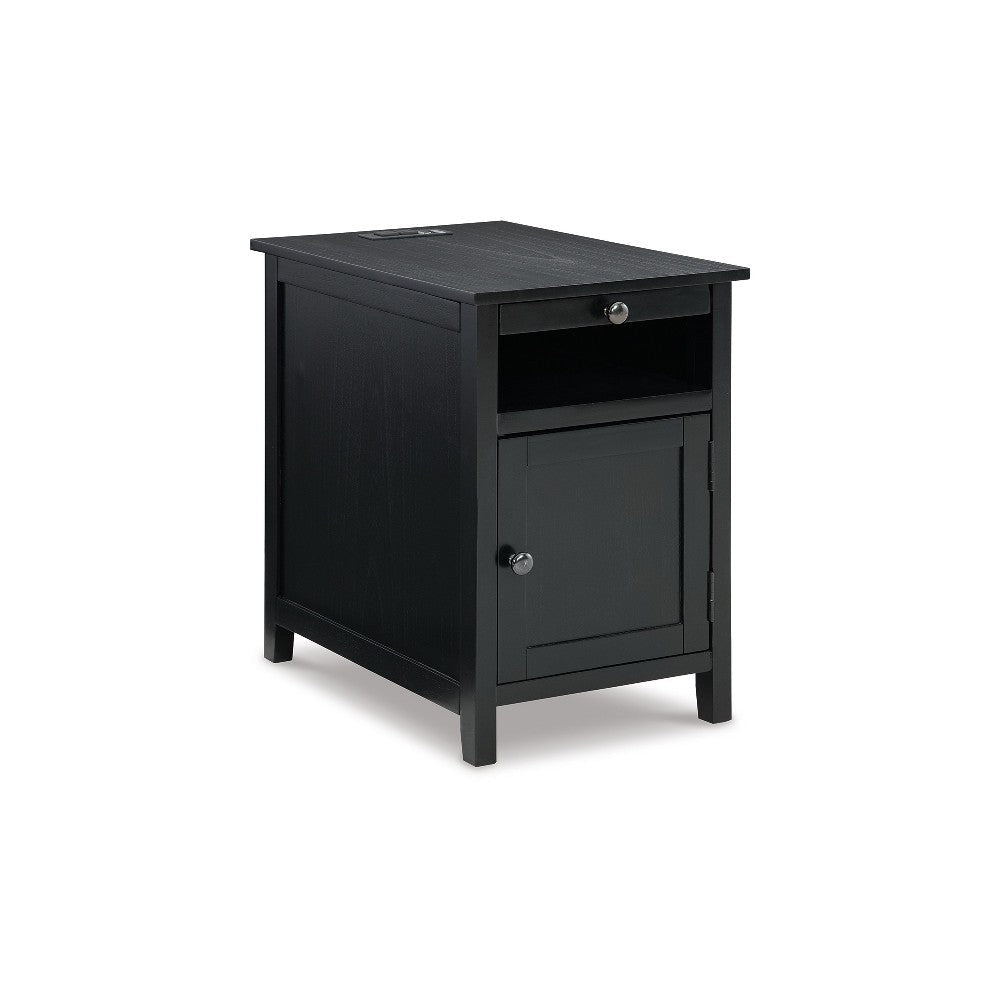 Ashley Gena Side End Table | Shelf and Pull Out Tray | Black Solid Wood 24"