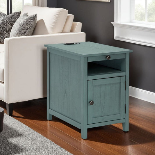 Ashley Gena Side End Table | Shelf and Pull Out Tray | Teal Solid Wood 24"
