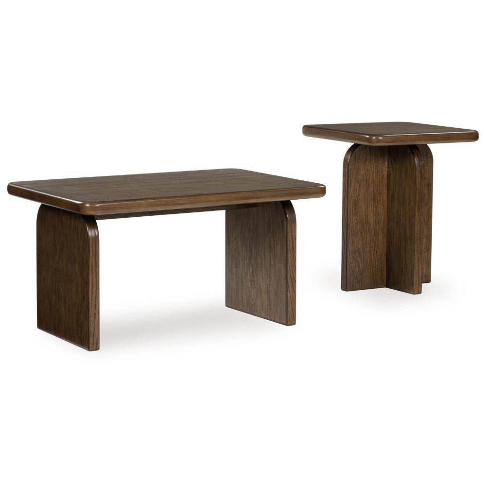 Ashley Medy 2pc Coffee and End Table Set | Wide Geometric Base Texture Brown BM327839
