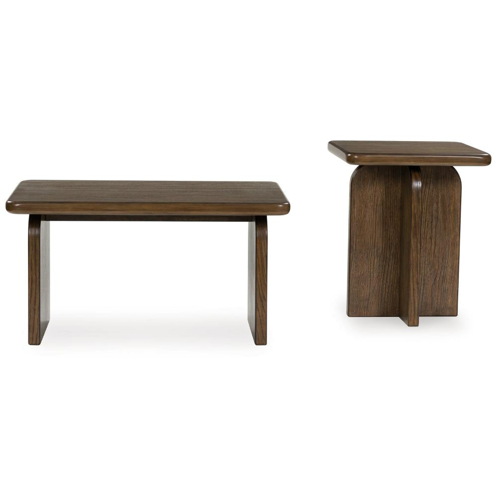 Ashley Medy 2pc Coffee and End Table Set | Wide Geometric Base Texture Brown