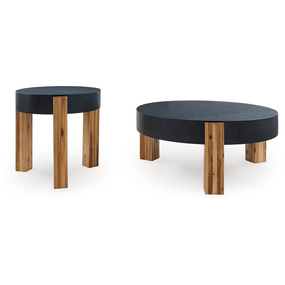 Ashley Moy 2pc Coffee and End Table Set | Round Black Solid Wood Textured Top BM327840