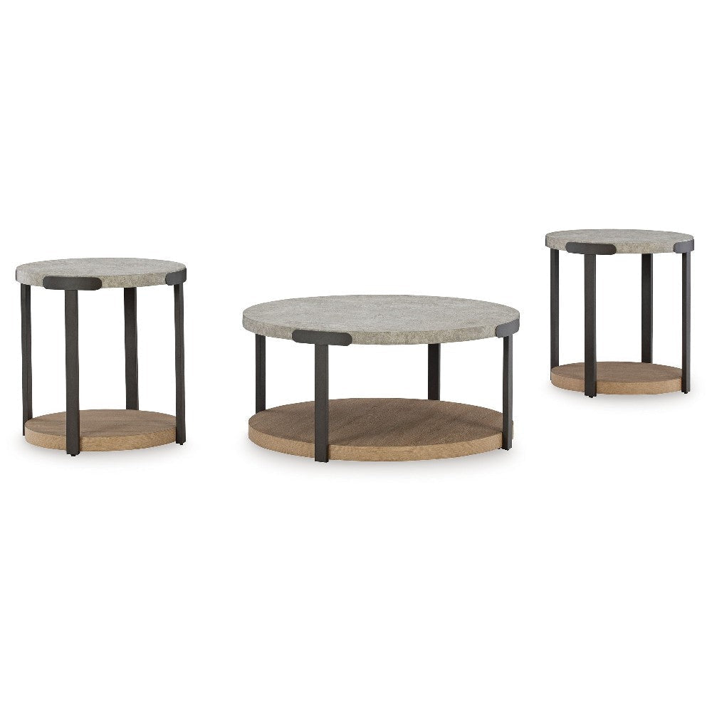Ashley Hein 3pc Coffee n End Table Set | Gray Round Top w Shelf and Wheels