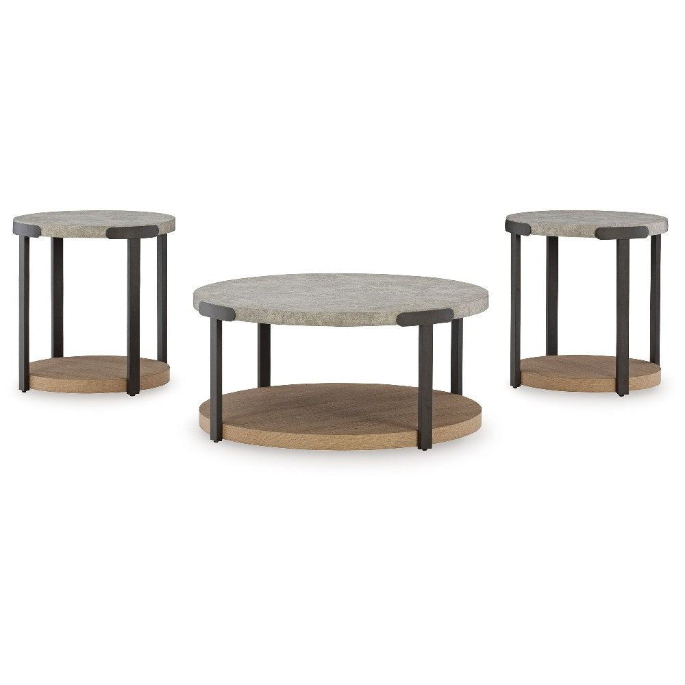 Ashley Hein 3pc Coffee n End Table Set | Gray Round Top w Shelf and Wheels BM327841