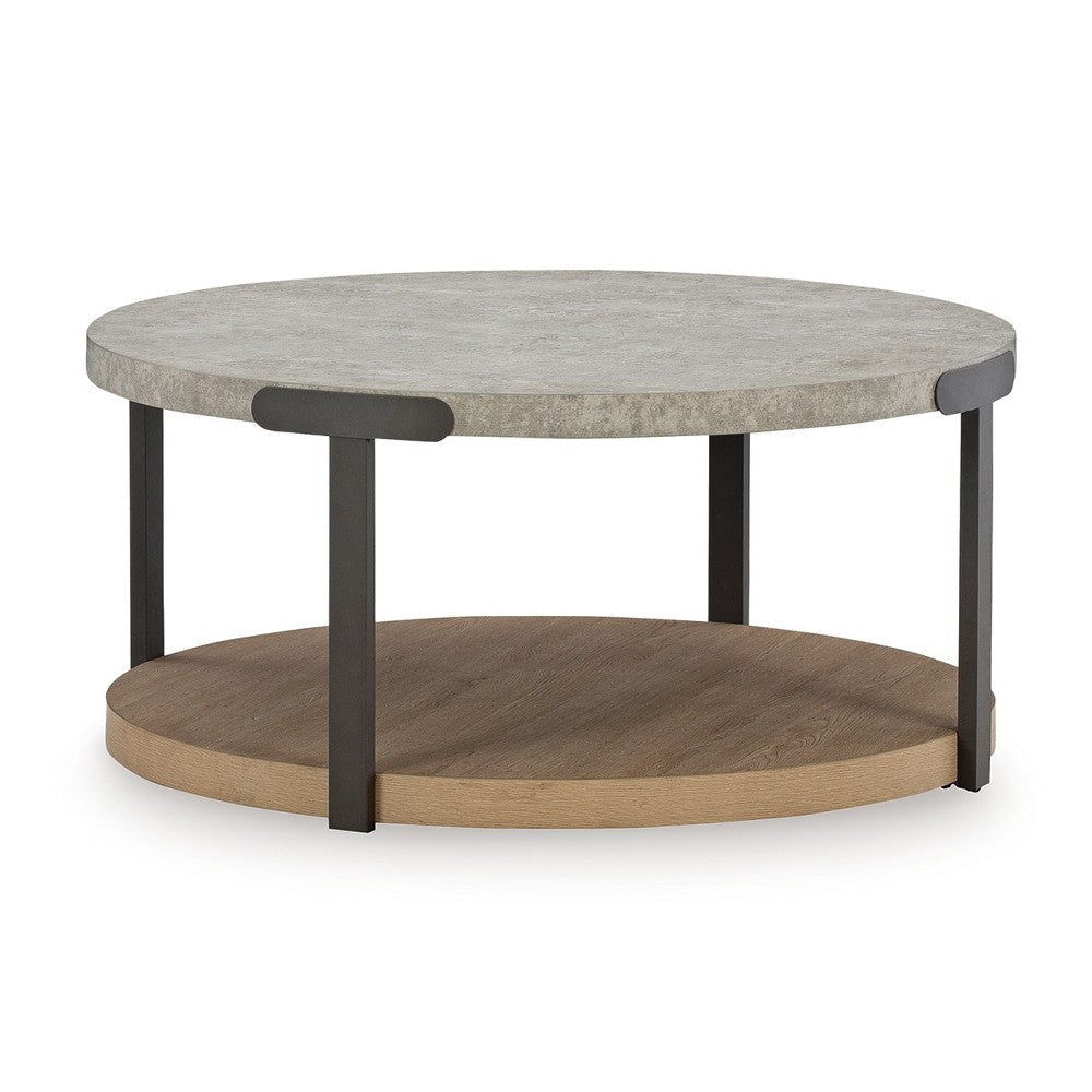 Ashley Hein 3pc Coffee n End Table Set | Gray Round Top w Shelf and Wheels BM327841
