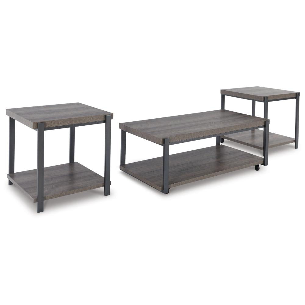 Ashley Jeni 3pc Coffee and End Table Set | Shelf | Wheels | Gray Black Metal
