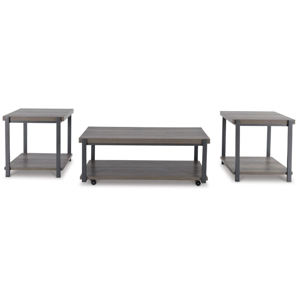 Ashley Jeni 3pc Coffee and End Table Set | Shelf | Wheels | Gray Black Metal BM327843