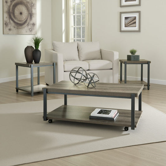 Ashley Jeni 3pc Coffee and End Table Set | Shelf | Wheels | Gray Black Metal